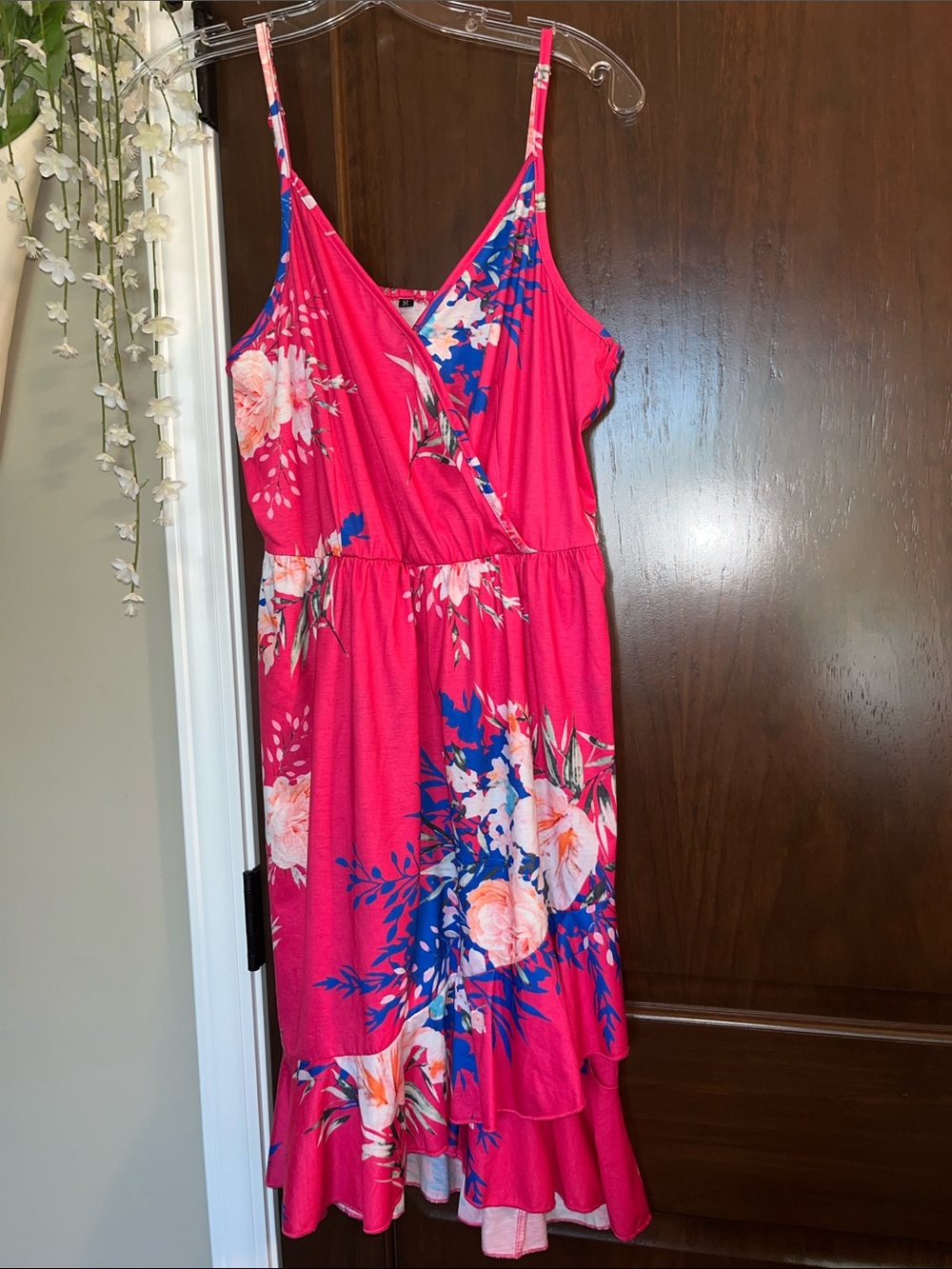Floral Surplice Midi Dress in Red & Blue